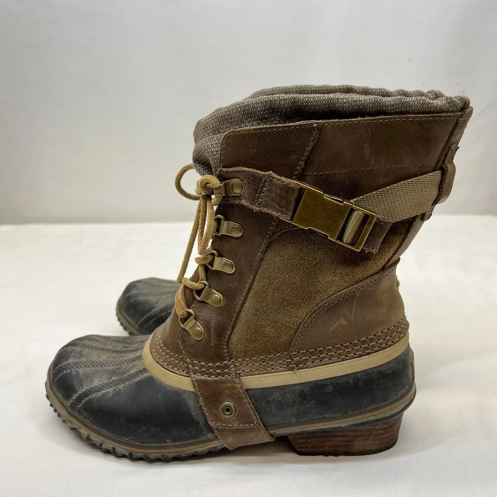 Sorel Slimpack Riding Tall Brown Black Leather Waterproof Duck Boots Womens 8.5
